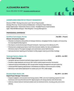 Mid-career resume template with professional format emphasizing skills, experience, and career progression